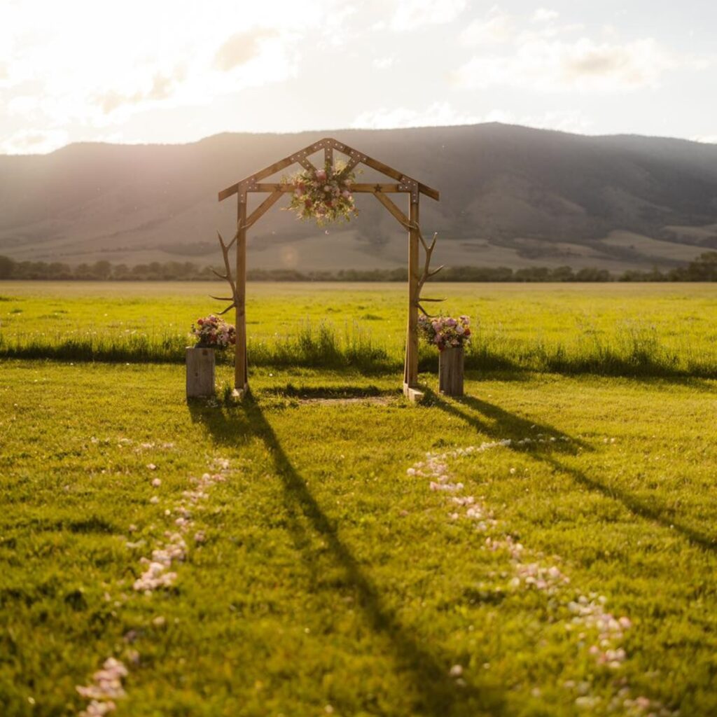 wedding ceremony arch in pasture with mountains